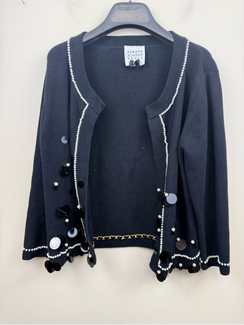 EDWARD ACHOUR PARIS black knit cardigan featuring pearls and embellishments